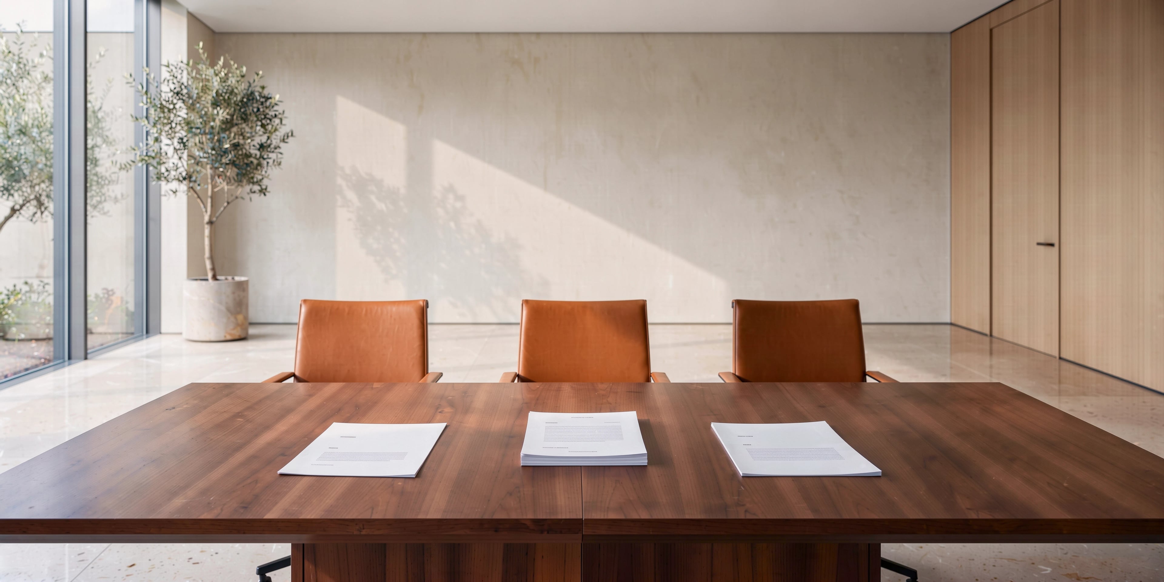 An empty boardroom: three chairs facing the camera, three sets of papers on the table.