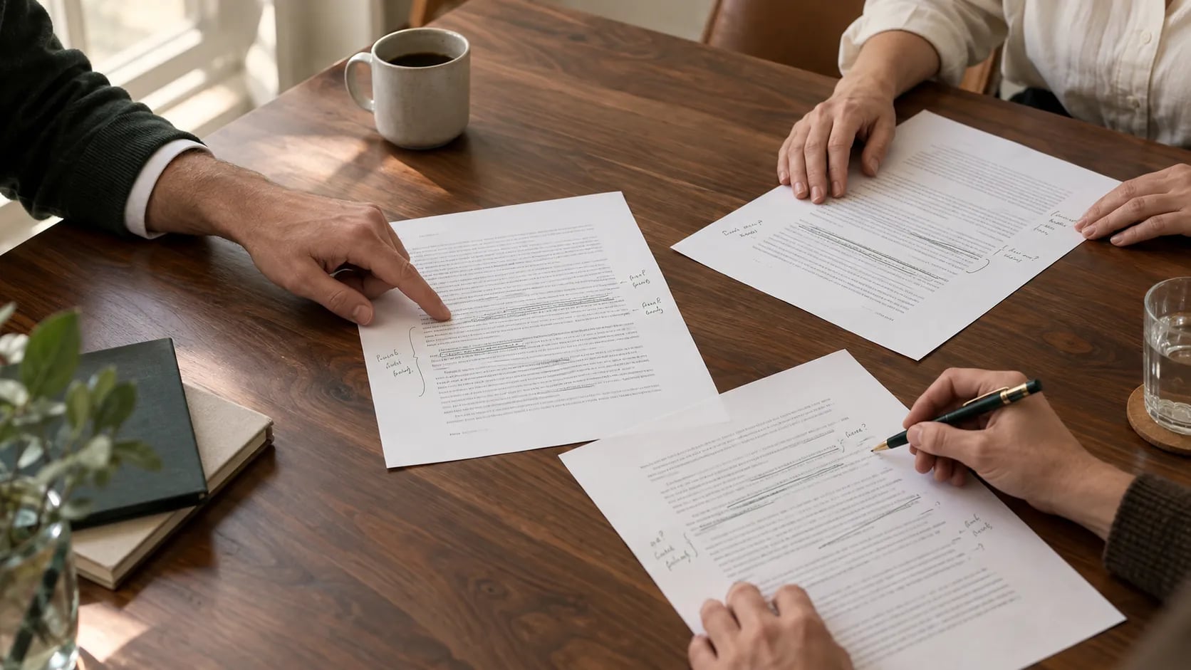 Three printed pages side by side on a wooden meeting table, each annotated differently by hand: underlines and question marks on the first, margin notes on the second, ticks and crosses on the third.